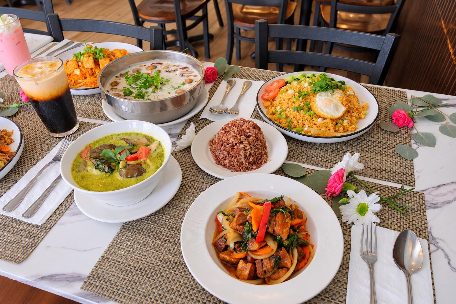 A marble table laid with green curry, coconut soup in a steel bowl, fried rice with a fried egg, brown rice, a basil stir-fry, noodles, and two iced drinks, with pink carnations along the placemats.